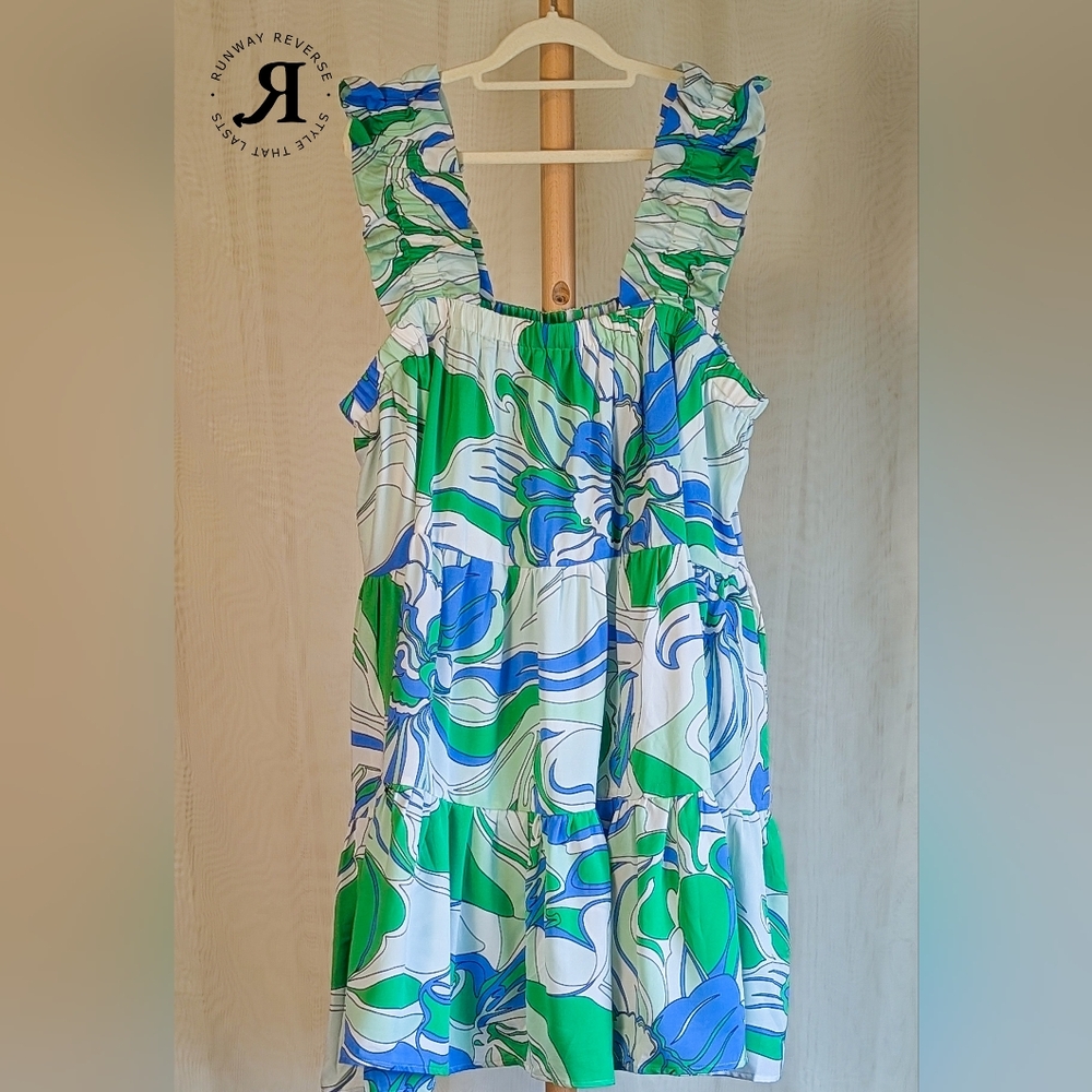 Entro Blue and Green Abstract Floral Patterned Lined Dress